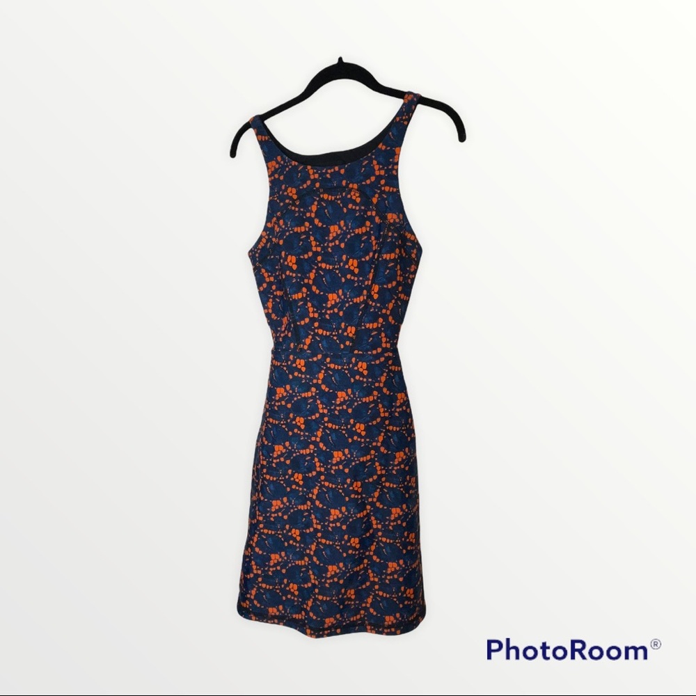 CYNTHIA ROWLEY Navy & Orange Backless Scuba A-Line Dress, Size 6